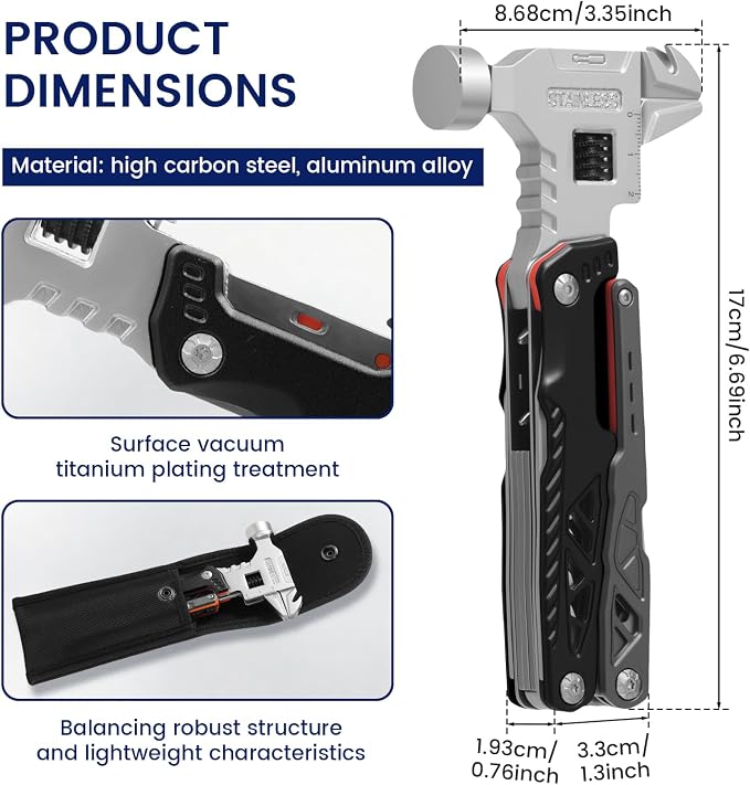 18-in-1 Multipurpose Tool Kit, Survival Camping Gear & Fishing Gifts, Multitool with Hammer, Pliers, Screwdriver and Pocket Knife for Dad Men(Black)