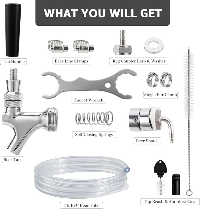 Draft Beer Faucet Beer Line Shank Kit Kegerator Parts Beer Tower Dispenser Replacement Set Self-Closing Beer Tap Wrench I.D.3/16” Beer Tubing 1/4”Keg Coupler Barb Cleaning Brush Tap Cover