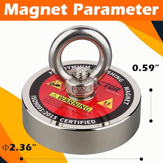 MUTUACTOR Magnet Fishing Kit,Φ2.36’’ Heavy Duty Neodymium N52 Magnet with 20m(64 Foot) Durable Rope,500lbs Pulling Force Permanent Strong Rare Earth Magnets for Lifting Objects Hunting Lost Treasures