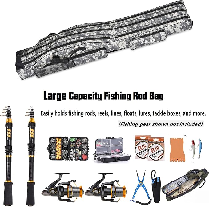 3 Layers Fishing Pole Bag,Portable 3 Layers Oxford Folding Rod Carry Case,Fishing Reel Tackle Storage Bag Case