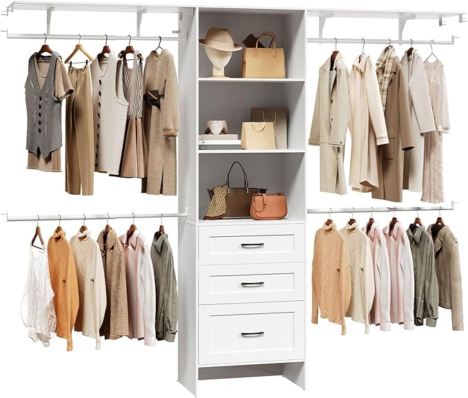 HOOBRO Closet System, 8FT Closet Organizer with Drawers, 95.7'' Clothes Organizer System Walk-in Wardrobe Clothes Rack with 4 Extendable Hanging Rods Garment Rack for Bedroom Cloakroom, White