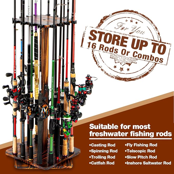 Ghosthorn Fishing Rod Holders for Garage 360 Degree Rotating Fishing Pole Rack, Floor Stand Holds up to 16 Rods Wood Fishing Gear Equipment Storage Organizer, Fishing Gifts for Men Women