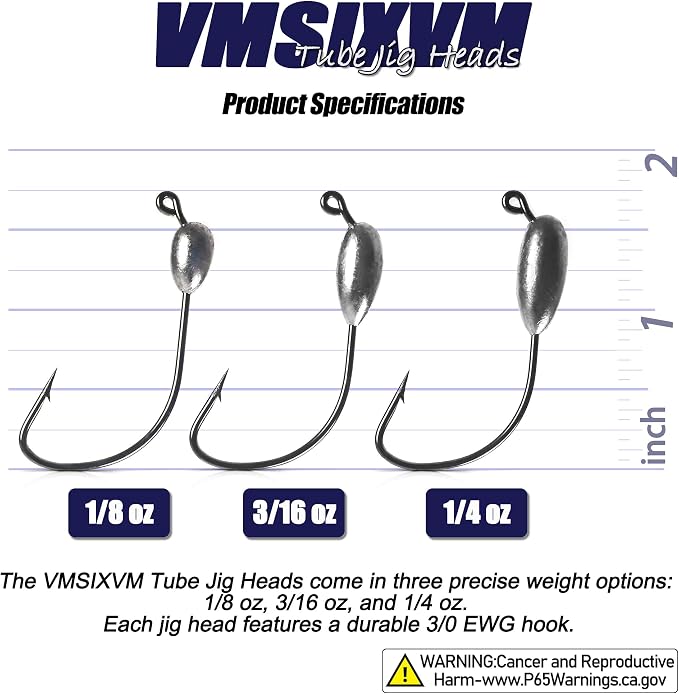 30/20/10 Pcs Tube Jig Heads for Bass Fishing, Tube Bait Worm Hooks rigs for Freshwater Saltwater, 5/16oz, 1/4oz, 3/16oz, 1/8oz