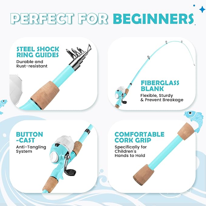 Kids Fishing Pole, Portable Telescopic Kids Fishing Poles for Boys Girls Youth, Fishing Rod and Reel Combo
