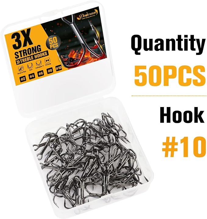Dovesun Fishing Treble Hooks, Triple Hooks 3X Strong Professional V, 50PCS High Carbon Steel Replacement Fishing Hooks for Saltwater and Freshwater, Sizes #10#8#6#4#2
