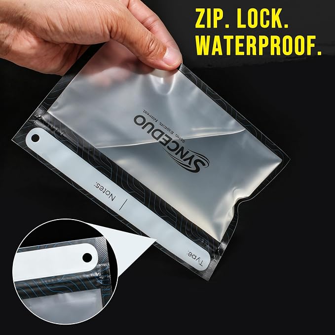 Synceuo 50pcs Soft Plastic Bait Bags, 7"x5" Reusable Bait Packaging Storage with Label Strips for Fishing Lure Making Supplies, Clear Soft Bait Binder Small Tackle Organizer