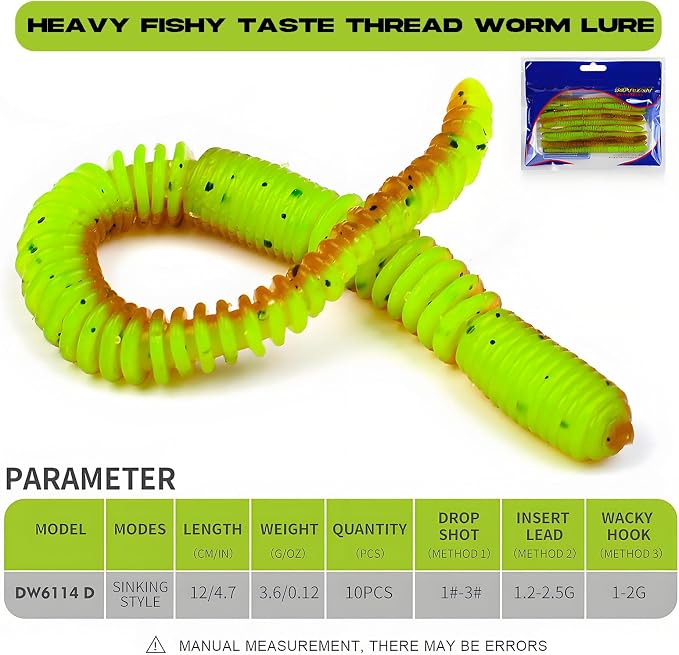 10Pcs/4.7'' Worms for Bait Bass Fishing, Soft Lures Plastic Noodle Wacky Worm Earthworm Silicone Threaded Bait for Ned rig, Fishing Lure Kit for Freshwater Saltwater