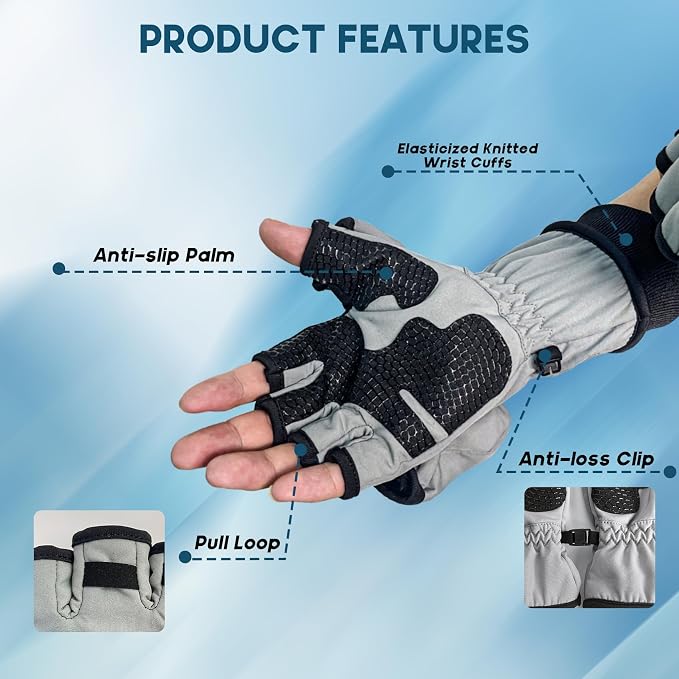 Riverruns Winter Fishing Gloves Convertible Mittens and Fingerless Gloves for Men Women, Ideal for Ice Fishing, Photography, Hunting, Outdoor Use
