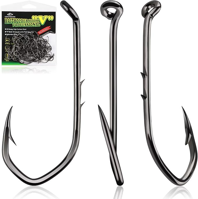 LUCKYFISHING Baitholder Fishing Hooks Saltwater Freshwater 100/80/70/60pcs Professional V Bait Holder Hooks for Bass Trout Crappie Soft Live Baits Black Red with Size 1 2 4 6 8 1/0-6/0