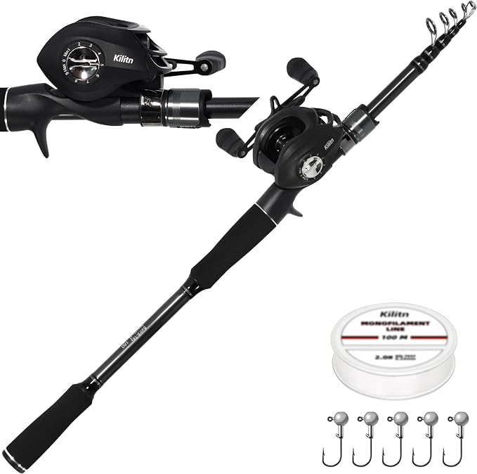 Kilitn Fishing Rod and Reel Combo, M Power Tips, Baitcasting Combo Baitcast Reel, Graphite Telescopic Baitcaster Rod with Comfortable EVA Handle
