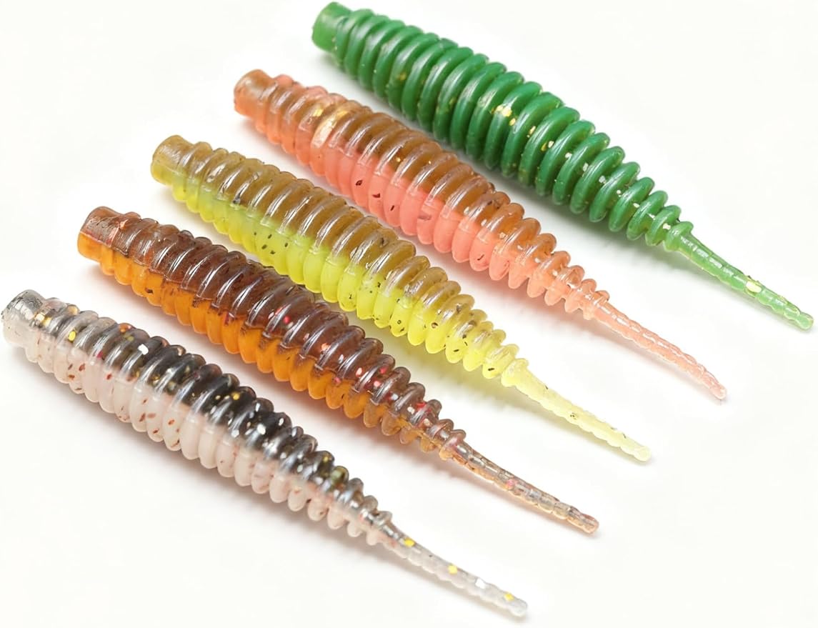 50-Piece 5ColorsTPE Threaded Needle-Tail Soft Lure - Lifelike Worm-Shaped Artificial Bait for Freshwater Fishing 1.57in 0.012oz 1.97in 0.026oz