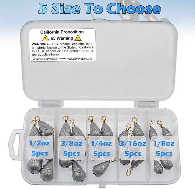 Fishing Weights Sinkers Kit, 5 Sizes 25pcs Bass Casting Drop Shot Weights Lead Fishing Weights for Catfish Saltwater Freshwater