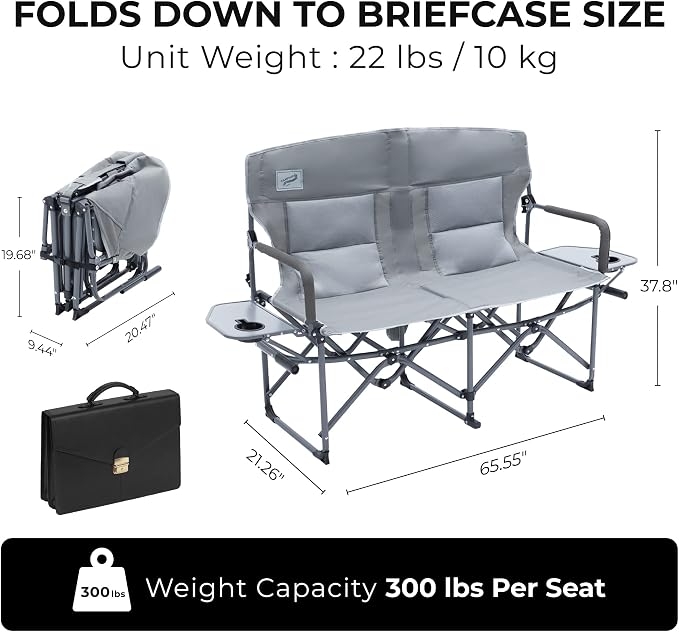 Camphor Designs Oversized Double Portable Folding Director’s Loveseat Chair with Padded Backrest, Side Table | Outdoor Sports, Beach, Lawn, Hunting, Tailgating, Fishing| Supports 300 Lbs/Seat