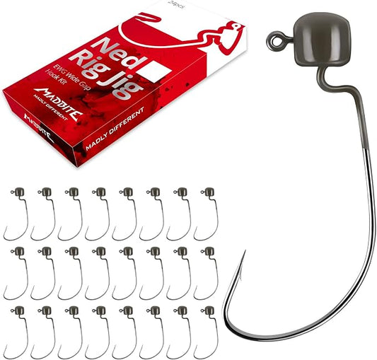 MadBite by KastKing Ned Rig Jig Heads for Soft Fishing Lures, 24-Pack Finesse Standard Mushroom Stand-up Ned Heads Kit, Needle Point Saltwater & Freshwater Versatility Ned Rig Hooks 1/8, 1/16, 3/16 oz