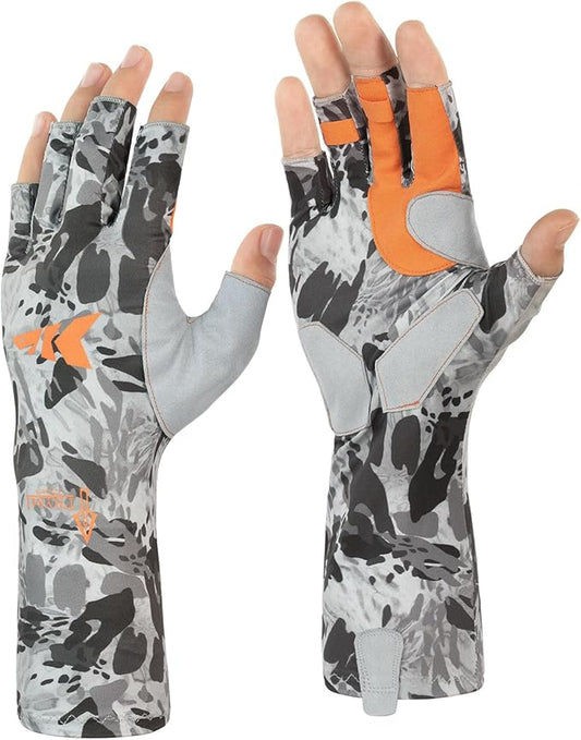 KastKing Agies Fishing Gloves Men, UPF 50+ Sun Gloves UV Protection, Cooling Quick-Dry 3/4 Fingerless Gloves with Extended Cuff, Microfiber Palm & Pull Tabs, for Fishing, Kayaking, Hiking, Hunting
