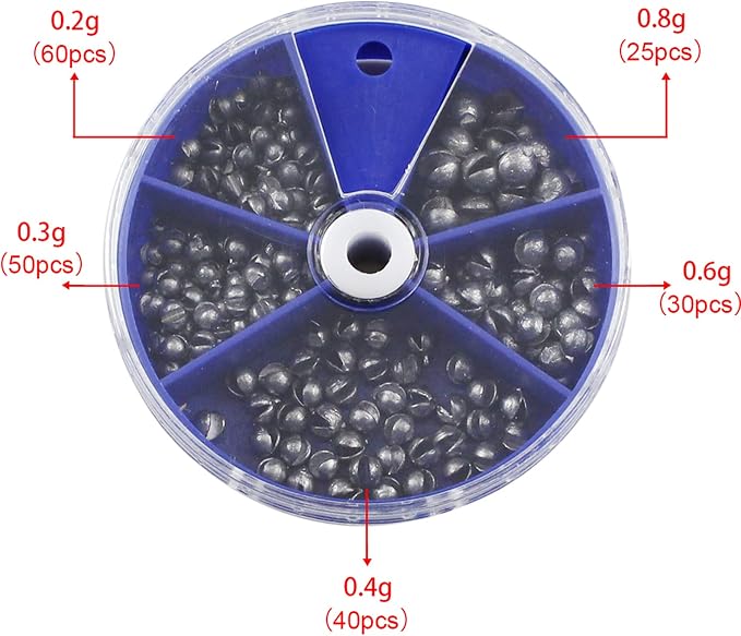 Split Shot Fishing Weights Sinkers 205Pcs 5 Sizes Weights 0.2/0.3/0.4/0.6/0.8g Round Fishing Line Sinker Removable Egg Lead Assortment