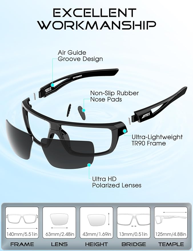 ATTCL Polarized Sunglasses Men Sports: UV Protection Lightweight TR90 Frame Anti-Slip Wrap-Around for Driving Fishing Golf