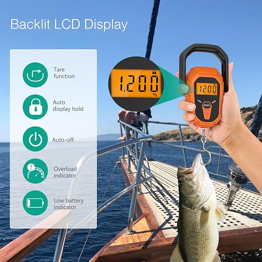 ORIA Digital Fish Scale with Lip Gripper, 110lb/50kg Hanging Scale, Floating Waterproof Fish Scale, Portable Luggage Scale with 38'' Built-in Tape Measure, LCD Backlit, Batteries, for Indoor, Outdoor