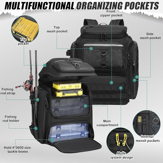 HAMBOLY Fishing Backpack 45L with Rod Holders, Water-Resistant Tackle Backpack for Fishermen, Large Capacity Fishing Gear Bag for Travel Hiking Camping