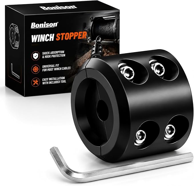 Bonison Winch Stopper for Cable. Truck UTV ATV Rubber Winch Cable Stopper, Protects Towing Hook, Synthetic Rope, Cable Line from Wear or Damage, Hawse, Bumper. (Black Winch Stopper)