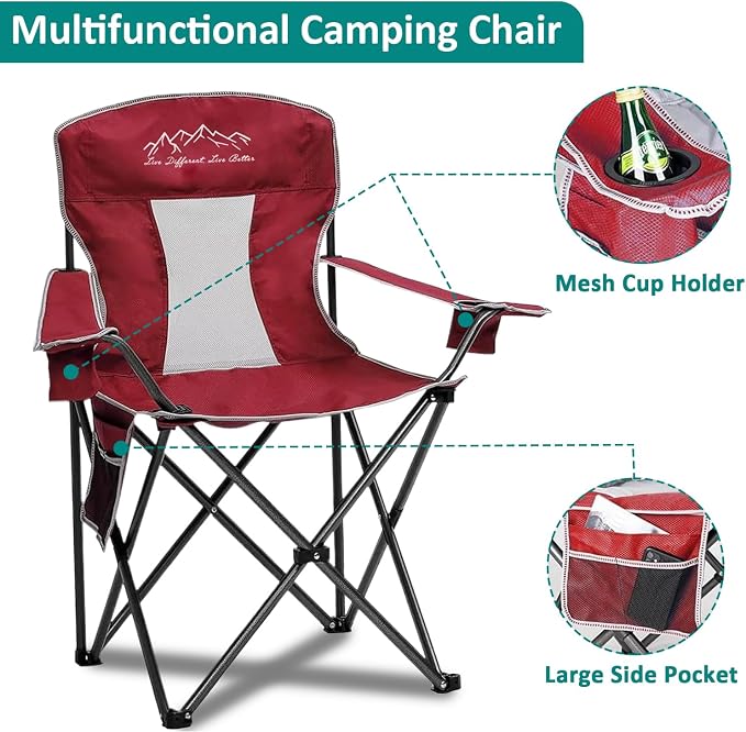 Outdoor Folding Camping Chair with Cup Holder, Storage Bag, Large Anti-Sink Feet, 400lbs Capacity, Breathable Mesh Portable Chair for Camping, Beach, Fishing, Sports, Red