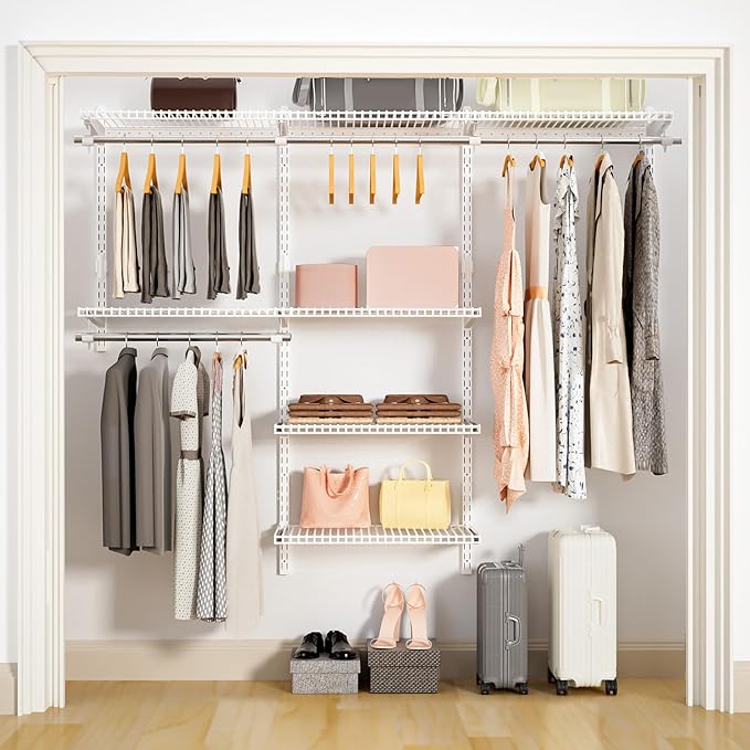 Wire Closet Organizer System, Wall Mounted 6.5 Ft. Custom Closet Kit for Bedrooms, Adjustable Storage Shelves for Clothes, Shoes, and Handbags