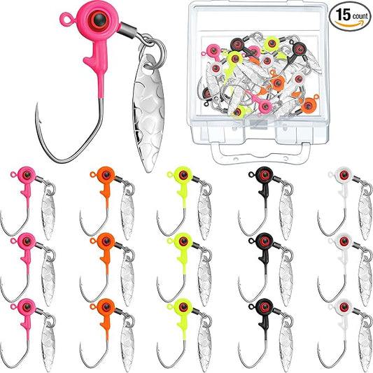 Skylety 15 Pcs Fishing Jig Heads Kit Fishing Lures Crappie Jig Road Heads Hook with Spinner Plastic Box for Freshwater Runner Bass