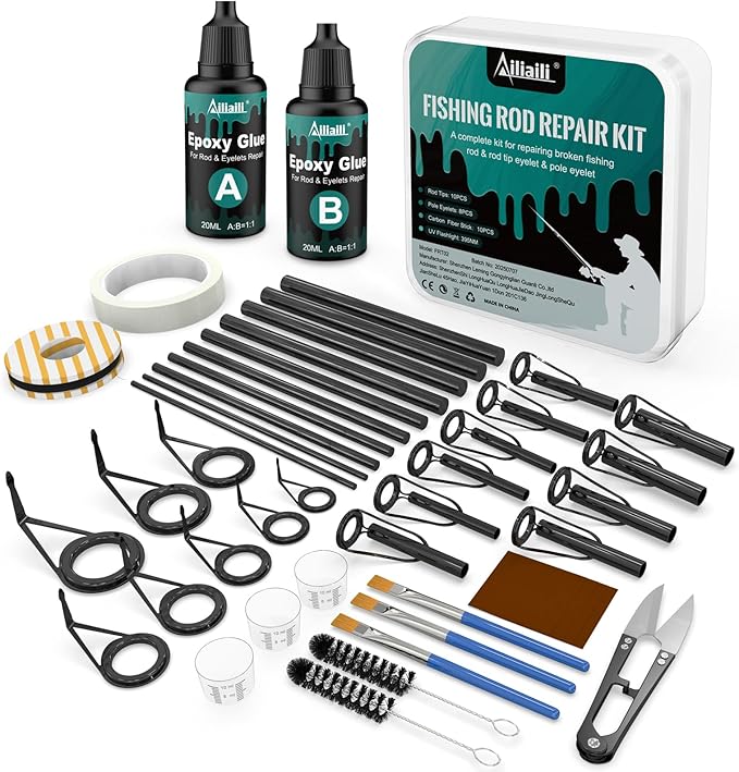Fishing Rod Repair Kit - 3-in-1 Fishing Pole Complete Supplies Kit for Rod Tips, Fishing Rod & Guide Eyelets Replacement, with Epoxy Glue, Wrapping Thread, Other Fishing Accessories & Gear