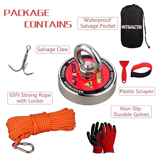 MUTUACTOR Heavy Duty Fishing Magnet Kit,500lb Neodymium N52 Magnets with 65Ft Salvage Rope and Grappling Hook,Retrieval Rare Earth Magnets for Recovery Lost Treasure in Lake Rivers
