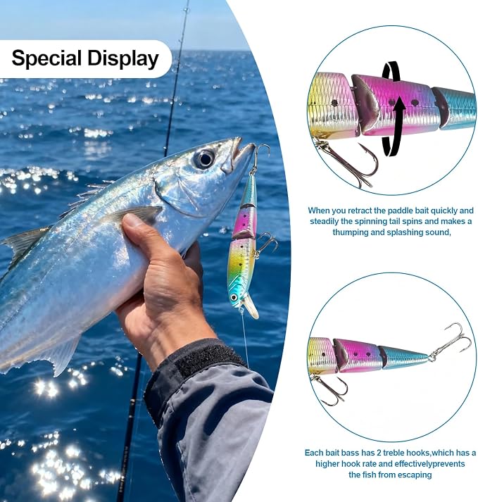 Whopper Fishing Lure for Bass：Popper Top Water Fishing Lures with Floating Rotating Tail Barb Treble Hooks Saltwater Freshwater Plopping Lures Kit