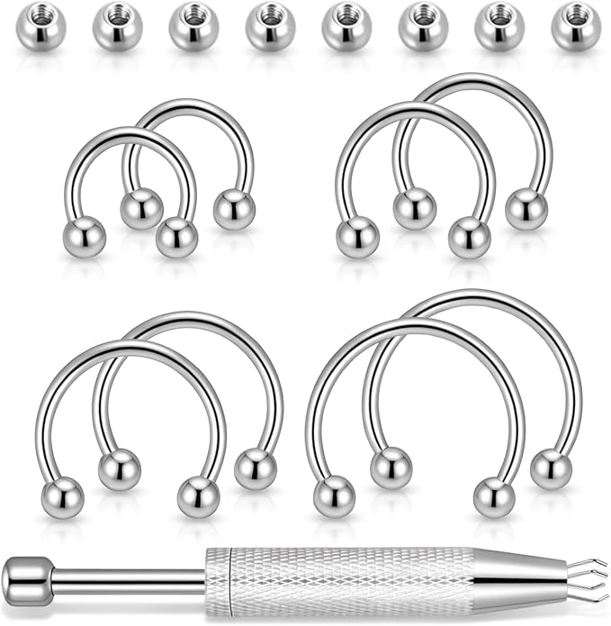 8 Pcs Septum Piercing, Stainless Steel Septum Rings 16G, Horseshoe Septums 6/8/10/12 External Thread with Replacement Ball and Grip Pen for Nose, Eyebrows, Ears, Lips
