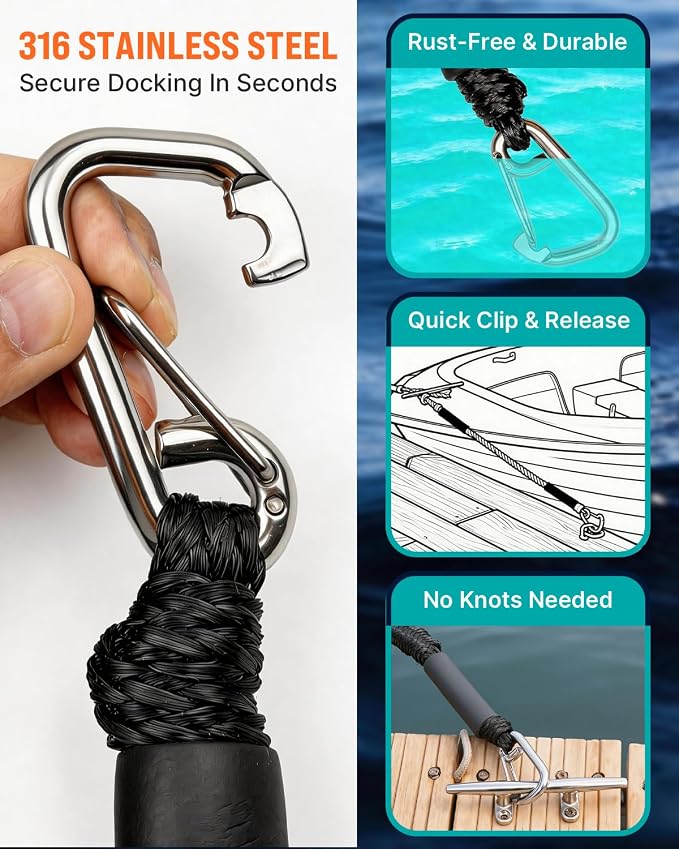 Boat Accessories 4.5 Feet Bungee Dock Lines with 30cm Extended Loop and 316 Stainless Steel Clip 2-Pack for Docking for Boats PWC,Kayak,Watercraft,SeaDoo,Jet Ski, Pontoon, Canoe, Power Boat(Black)