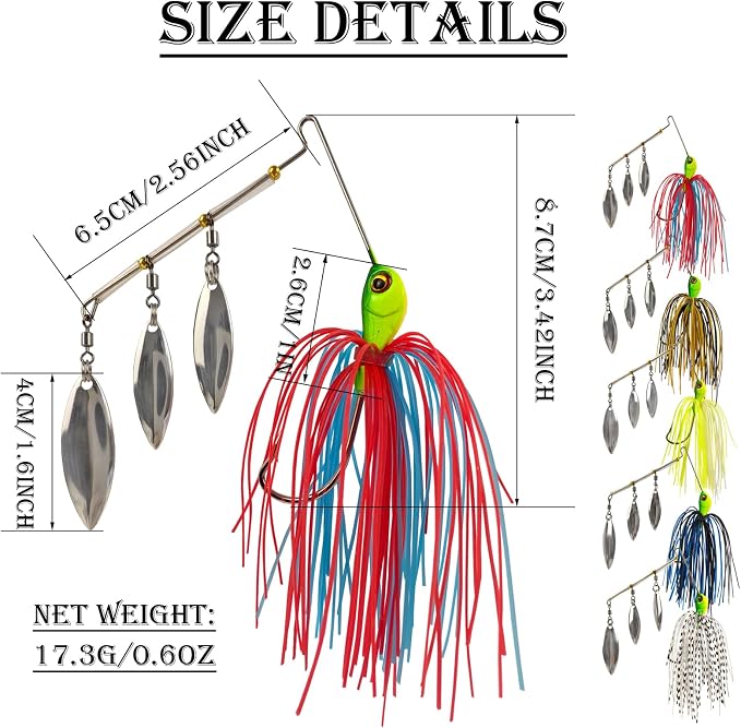 5pcs Spinner Baits Fishing Lures Kit,Willow Leaf Spinnerbait Buzz Bait,Silicon Skirt Swim Jigs Fishing Tackle Spinner Baits for Bass Trout Salmon Pike Saltwater Freshwater