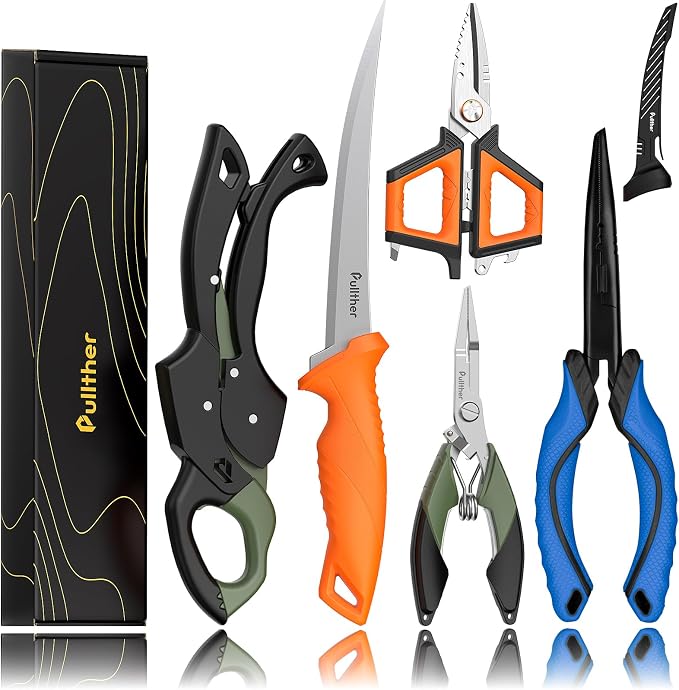 5PC Fishing Tool Kit - Fillet Knife, 2PC Fishing Pliers,Fishing Braid Scissors and Fish Lip Gripper, Fishing Gear for Fly Fishing, Ice Fishing