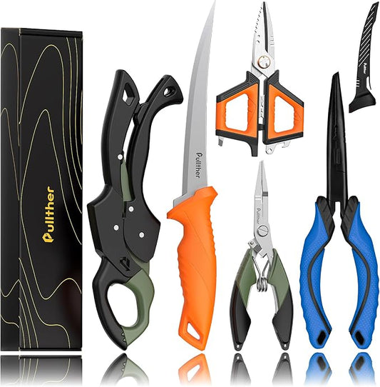 5PC Fishing Tool Kit - Fillet Knife, 2PC Fishing Pliers,Fishing Braid Scissors and Fish Lip Gripper, Fishing Gear for Fly Fishing, Ice Fishing