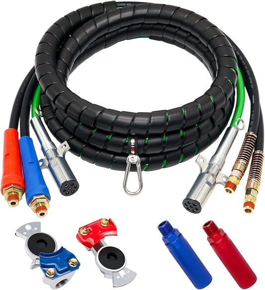 KOOTANS 15FT Semi Truck Air Line Kit 3 in 1 ABS 7 Way Electrical Cable Cord and Air Brake Hoses with Glad Hands and Gladhand Handles Air Lines Set for Semi Truck Trailer Tractor