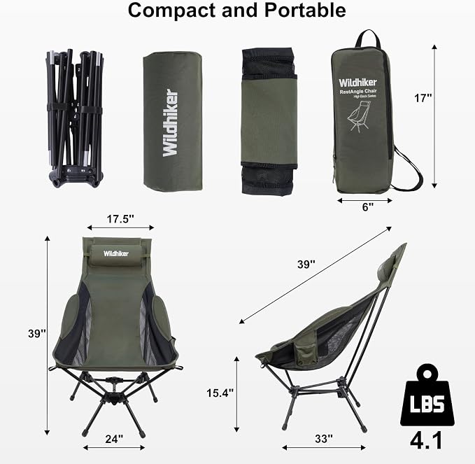 Wildhiker Portable Compact Folding Camping Chairs – Lightweight High Back with Pillow, Deep Recline, ArmPads, Side Pockets-for Motorcycle, RV, Backpacking, Travel, Festival – Black