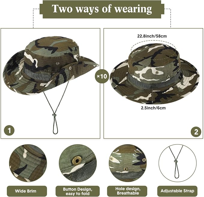 Xtinmee 10 Pcs Bucket Hat Bulk Safari Hat Wide Brim Boonie Hiking Fishing with Chin Strap for Women Men Adult Summer