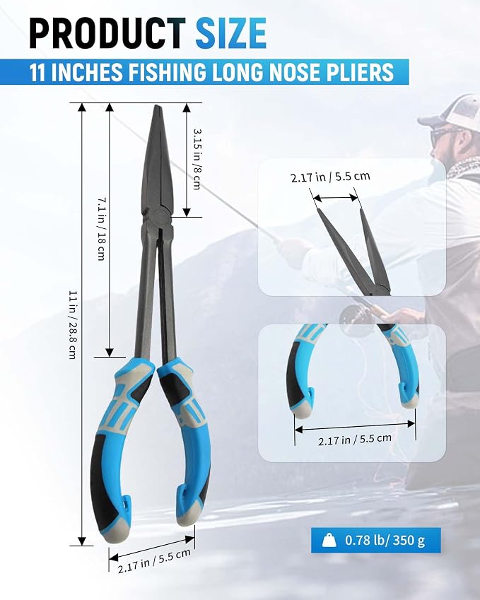 11" Long Nose Fishing Pliers, Straight & Bent Jaws, PTFE Coated Corrosion Resistant, Hook Remover & Braid Cutter Fishing Needle Nose Pliers, Saltwater Freshwater Gear for Bass Snook Trout