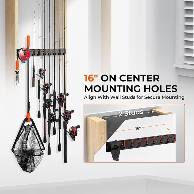 KastKing GravityLock V8 Multifunction Fishing Rod Holder, Wall Mounted Fishing Rod Rack, Holds 8 Fishing Rods or Combos, One Adjustable Clip, Patented Built-in Line Spooler & Cutter, Heavy-Duty Grip
