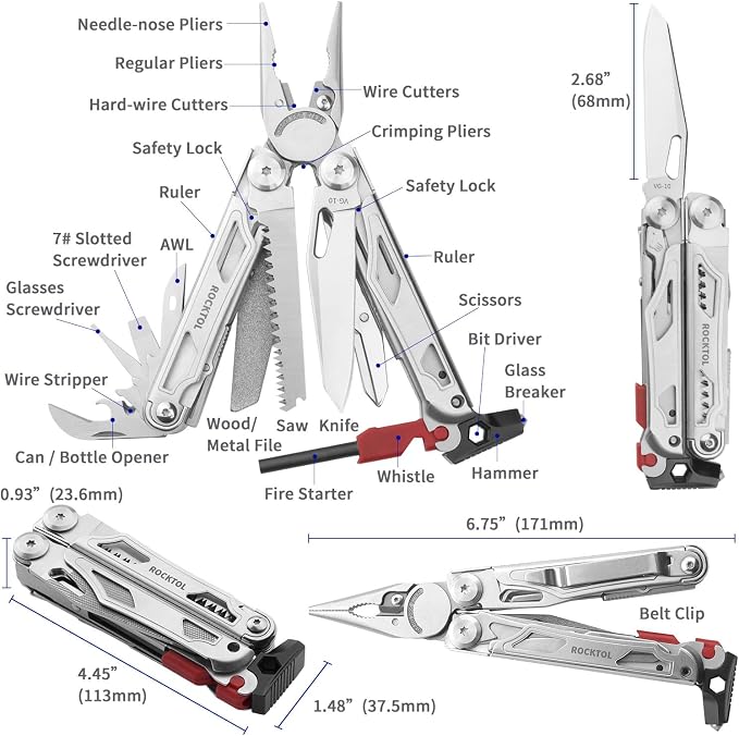 ROCKTOL Multitool SK04, VG-10 Blade, 22-in-1 Multi-tool Pliers with Fire Starter, Emergency Whistle, Glass Breaker, Safety Locking and Nylon Sheath for Survival, Camping, multi tool for men