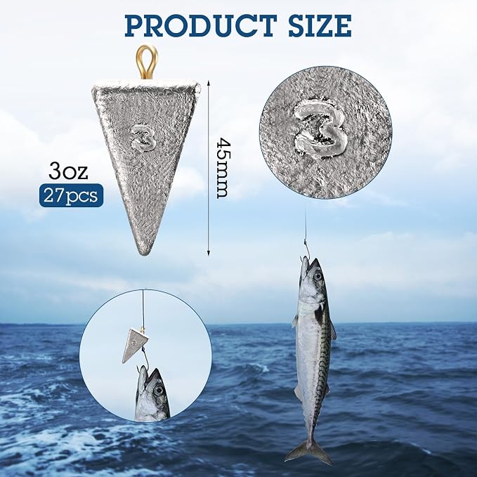 Zhanmai 27 Pieces Pyramid Fishing Weights Sinkers Triangle Rig Pyramid Sinkers for Ocean Saltwater Surf Bass Catfish Fishing Weights Casting Gear Tackle Essential
