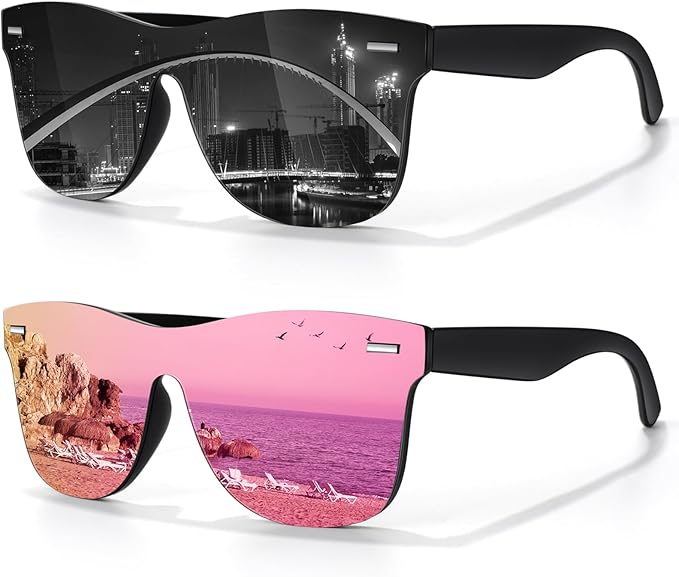 LINVO Trendy Polarized Mirrored Sunglasses Men Womens, Flat One Piece Reflective Shades for Driving Fishing UV400 Protection