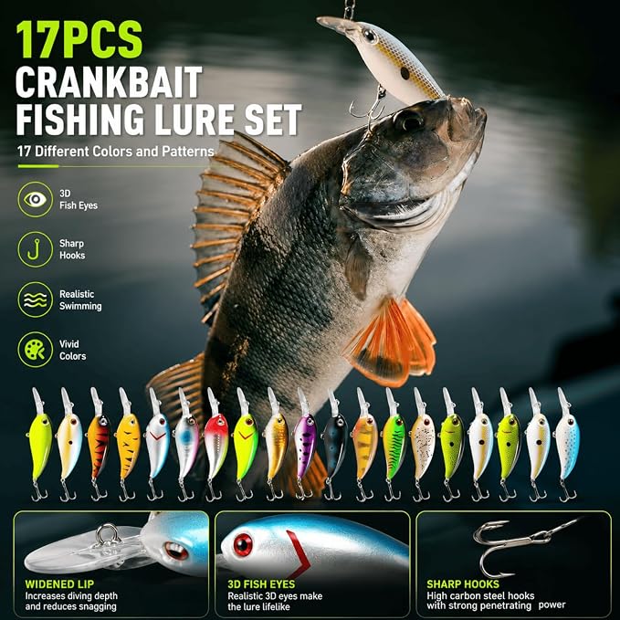 Crankbaits for Bass Fishing 17 PCs, Fishing Lures with Storage Box, 3.94" Deep Diving Crank Baits, Fishing Gifts for Men Freshwater Saltwater
