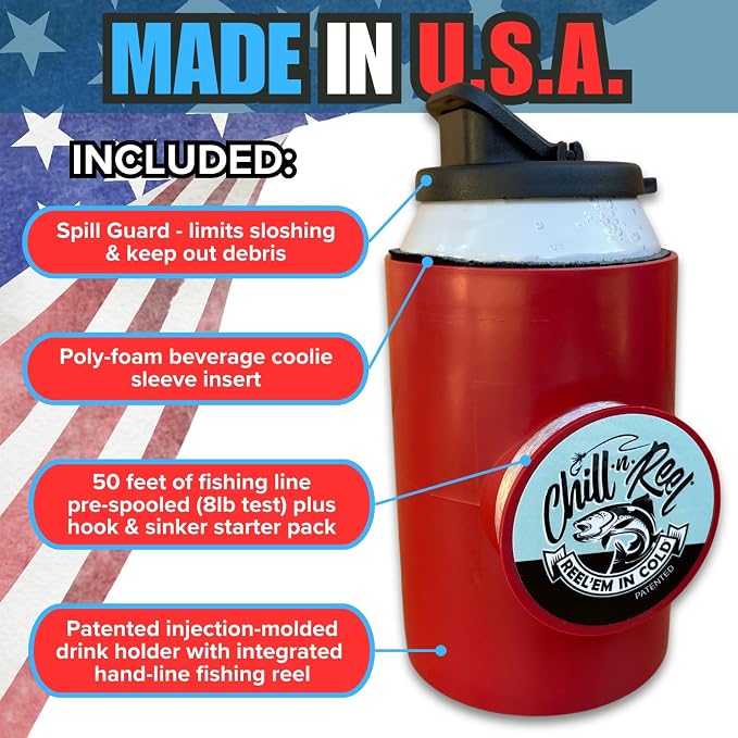 Made in USA | Beer Can Fishing Coolie | Hard Shell Drink Holder with Hand Line Reel | Holds Most Can Sleeves or Coozies | Unique Fishing Gift for Men | Retail Box Packaging | Crimson