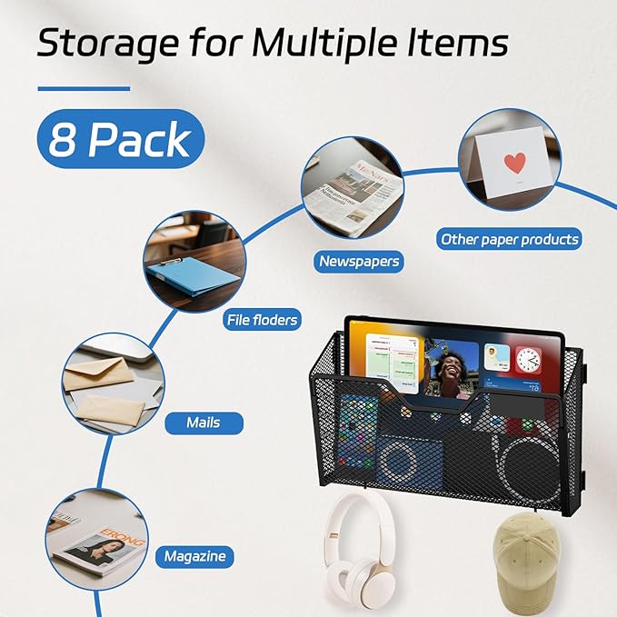 8 Pack Wall File Holder, Metal Mail Organizer Wall Mounted, Hanging File Organizer Over the Door Storage with 2 Hooks for Office, Home and School (with Label Panel)