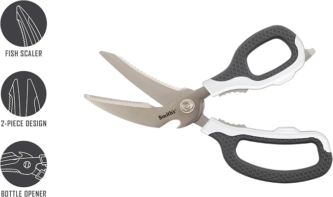 Smith’s 51247 Edge Sport Bait and Game Shears – 8-Inch - White – Fish Scaler – Stainless Steel – Bone Notch + Fin Clipper – Bottle Opener – Dishwasher Safe – Multi-Purpose Scissors