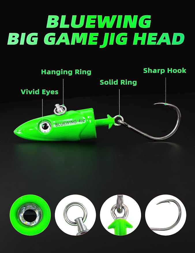 BLUEWING Jig Heads Saltwater 2oz,3oz,4oz,5oz,6oz,7oz Swimming Jigheads 1pc with High Carbon Steel Swing Hook and 6in/9in Replacement Tail Big Game Fishing Lures