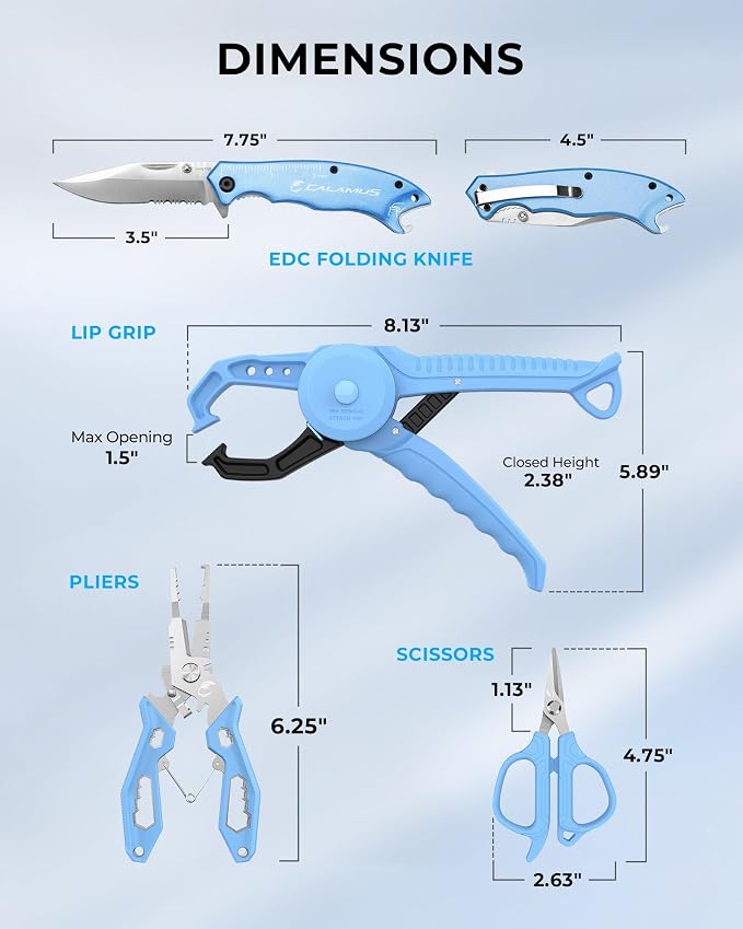 Calamus DriftWave Fishing Tool Kit – Corrosion Resistant Pliers, Lip Gripper with Soft Retractable Measuring Tape, Filet Knife, Pocket Knife，Fishing Scale, Retractor & Glove, Fishing Gifts for Men