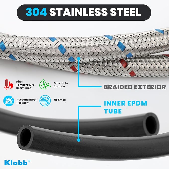 Klabb 32-Inch Stainless Steel Braided Faucet Supply Line, 3/8" Compression x M10 Faucet Connector, Includes 1/2" FIP Adapters, SS304 Flexible Water Hose for Bathroom & Kitchen Sink Faucets